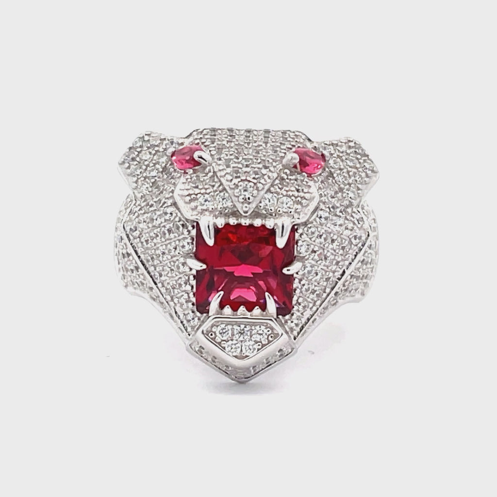 360 video clip Studio image of Sterling Silver men’s panther head dress ring with clear and ruby-red cubic zirconia stones, Gleeson Jewellers.