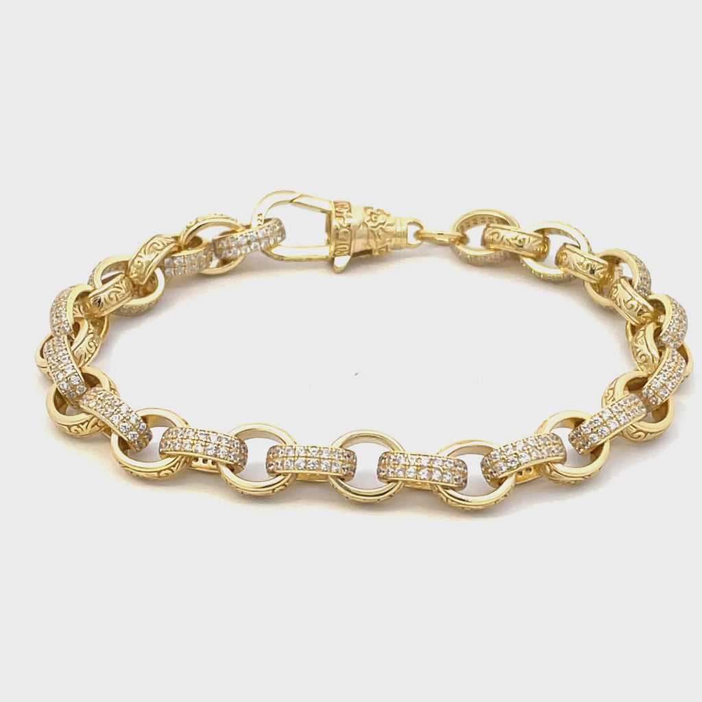Gold-plated sterling silver CZ oval-link belcher bracelet displayed in a red Gleeson Jewellers gift box with white interior.