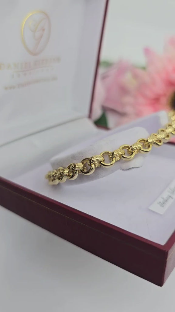 Gold-plated sterling silver 6mm belcher bracelet with pink cubic zirconia displayed in an open Gleeson Jewellers Cork gift box