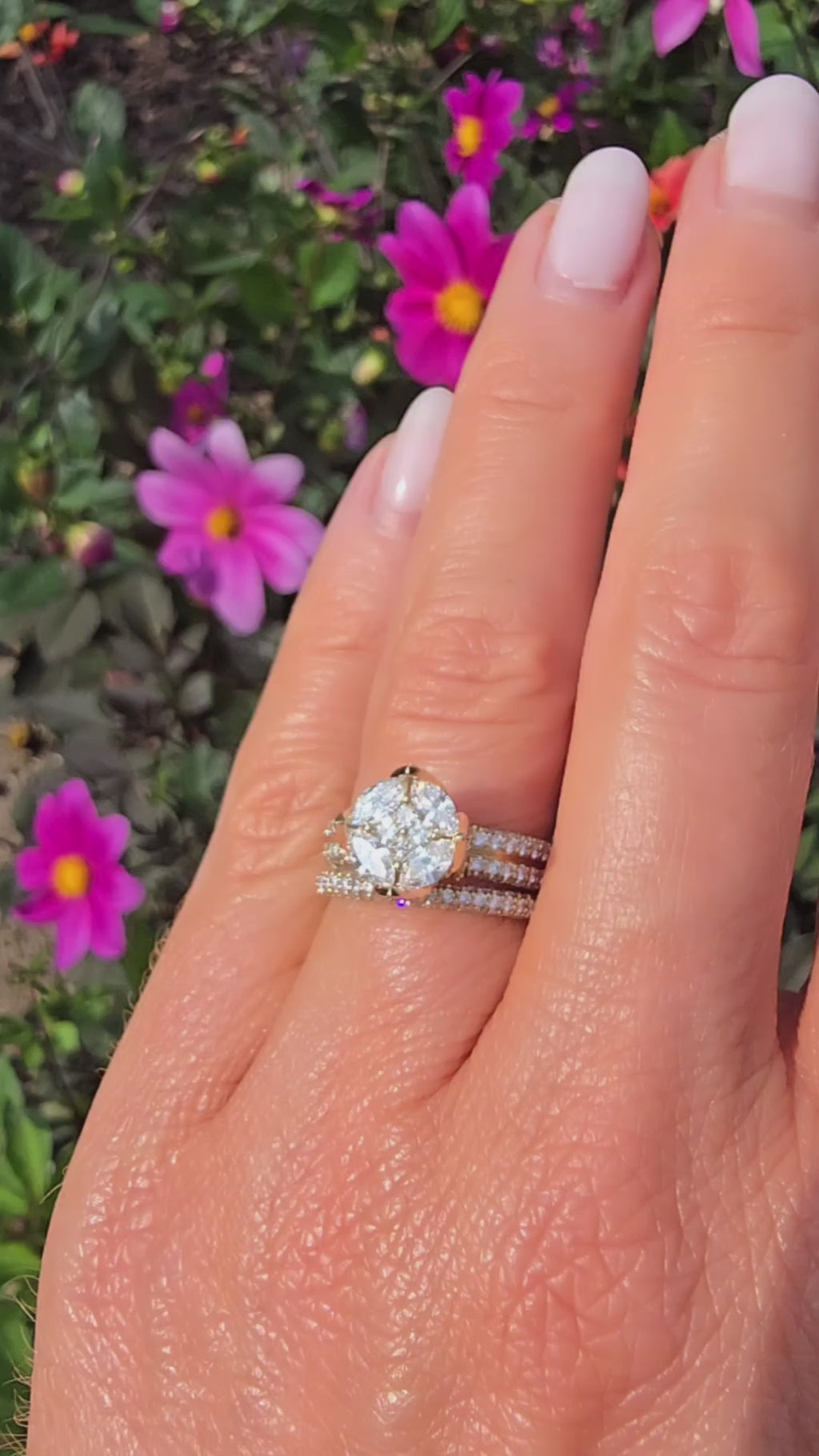 Full hand view showcasing the Clíona 14ct gold natural diamond bridal ring set by Gleeson Jewellers, elegant and sparkling outdoors.