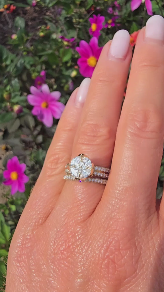 Full hand view showcasing the Clíona 14ct gold natural diamond bridal ring set by Gleeson Jewellers, elegant and sparkling outdoors.