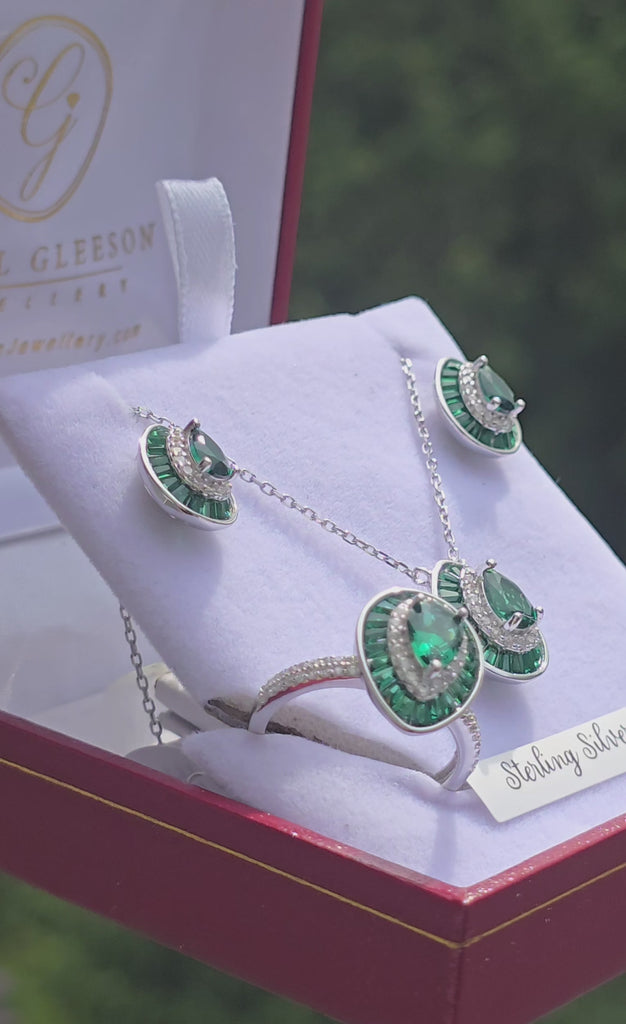 emerald ring, earrings and necklace sterling silver jewellery set in a red leatherette box from Gleeson Jewellers