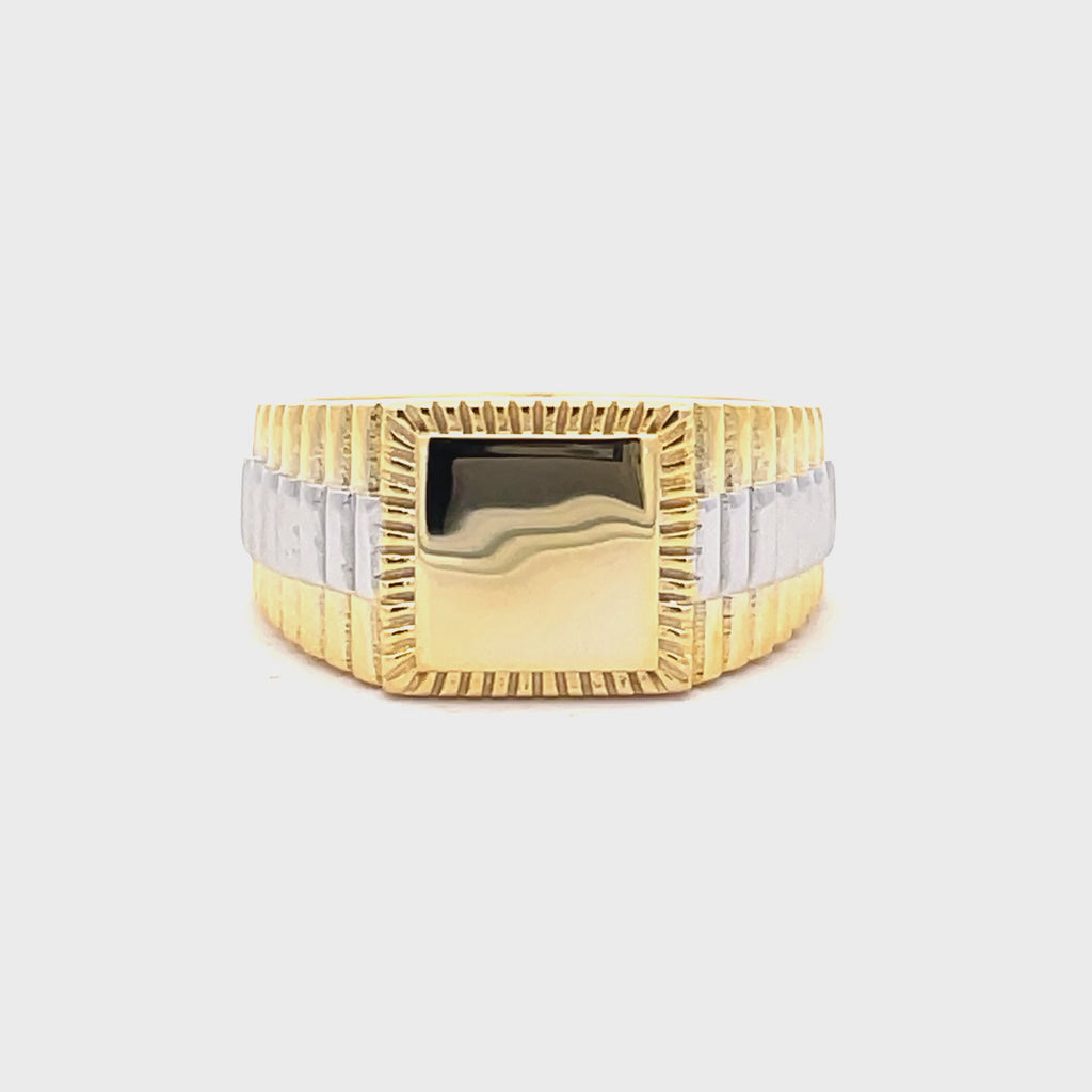 Top-down view of men’s Sterling Silver 925 Rolex-style signet ring with gold plating and bold rectangular face, Gleeson Jewellers.