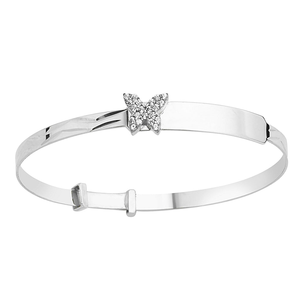 Sterling silver baby ID bangle with butterfly detail and engravable name plate, shown at an angle.