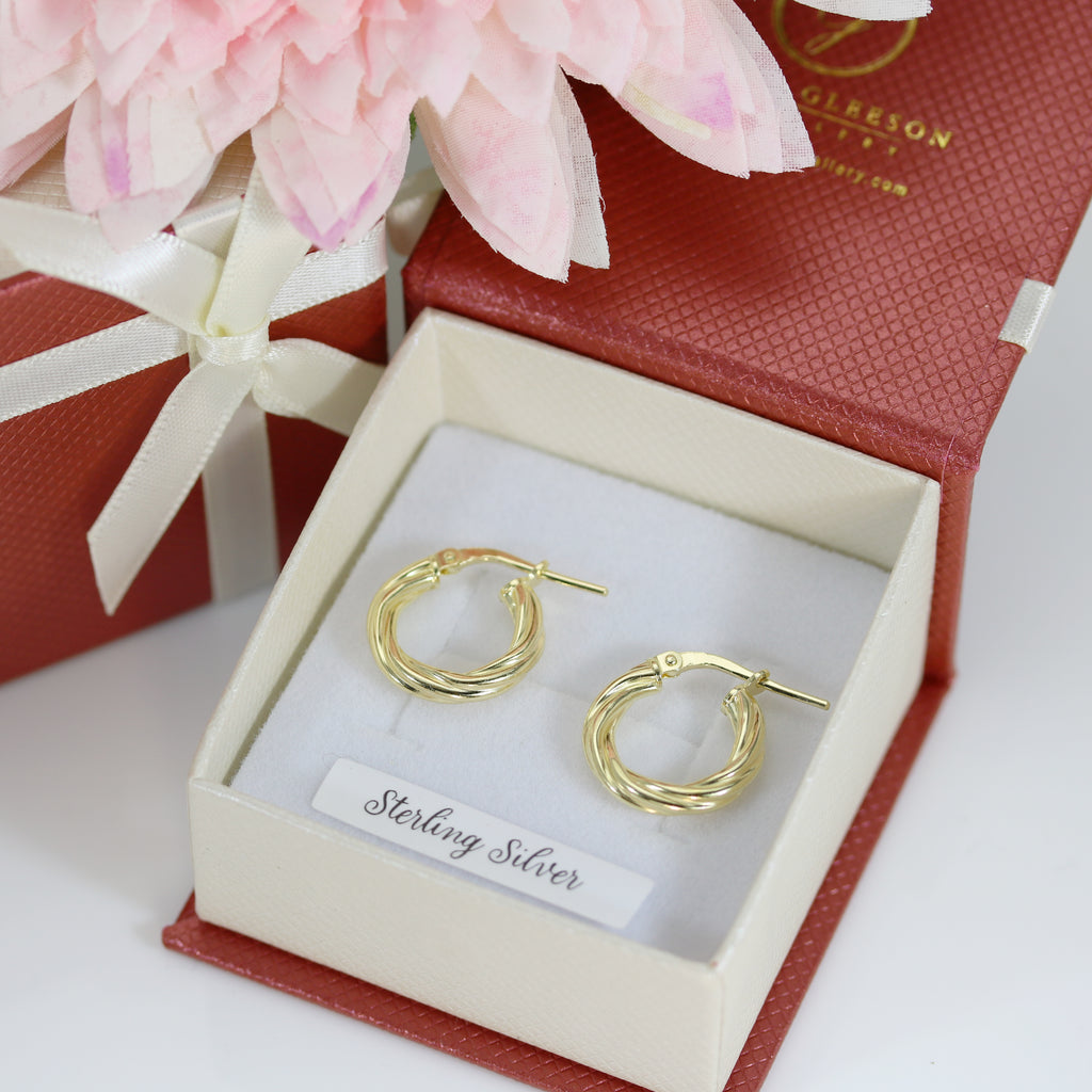 Sterling silver hoop earrings with gold vermeil finish in red presentation box with bow – Gleeson Jewellers, Cork