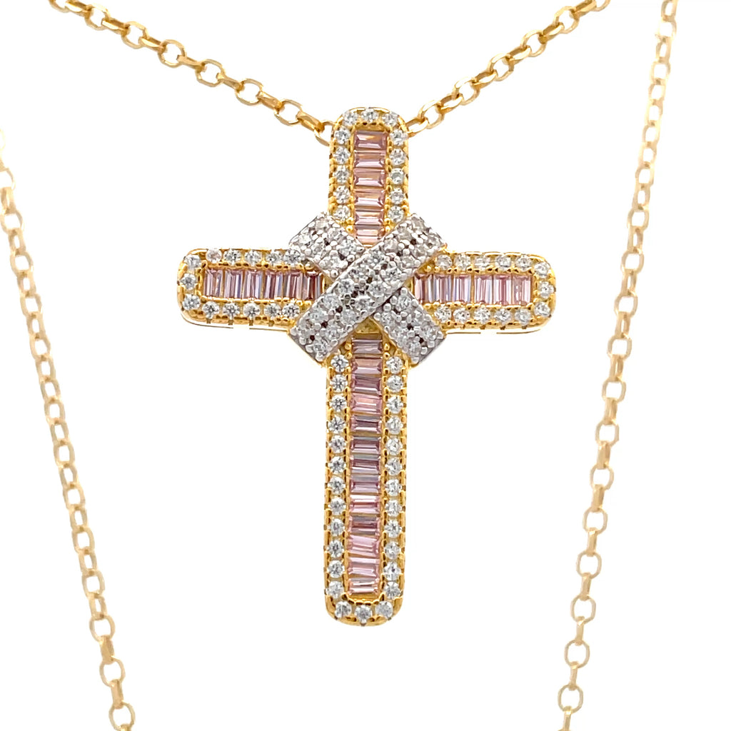 Sterling silver 18ct gold plated pink baguette cubic zirconia kiss cross pendant on 18-inch belcher chain.