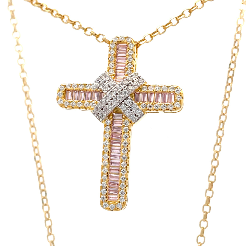 Front view of 18ct gold plated sterling silver kiss cross necklace with pink baguette cubic zirconia, available at Gleeson Jewellers.