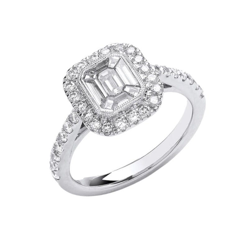 18ct White Gold Emerald Cut Diamond Halo Ring - 1.00ct Diamonds Daniel Gleeson Jewellers, Gleeson Jeweller, Gleeson jewellers, Daniel Gleeson Jewellery, Gleesons Jewellers, GleesonJewellery.com, jewellers Cork