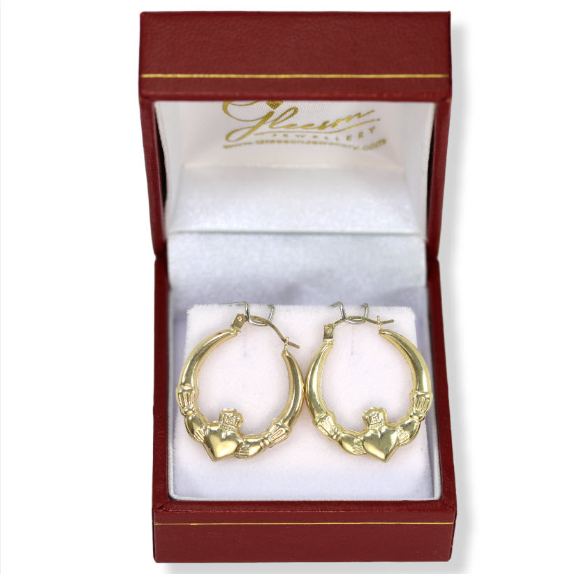 9ct Gold Claddagh Creole Hoop Earrings Gleeson Jewellers, Daniel Gleeson Jewellery, Daniel Gleesons Jewellers Cork