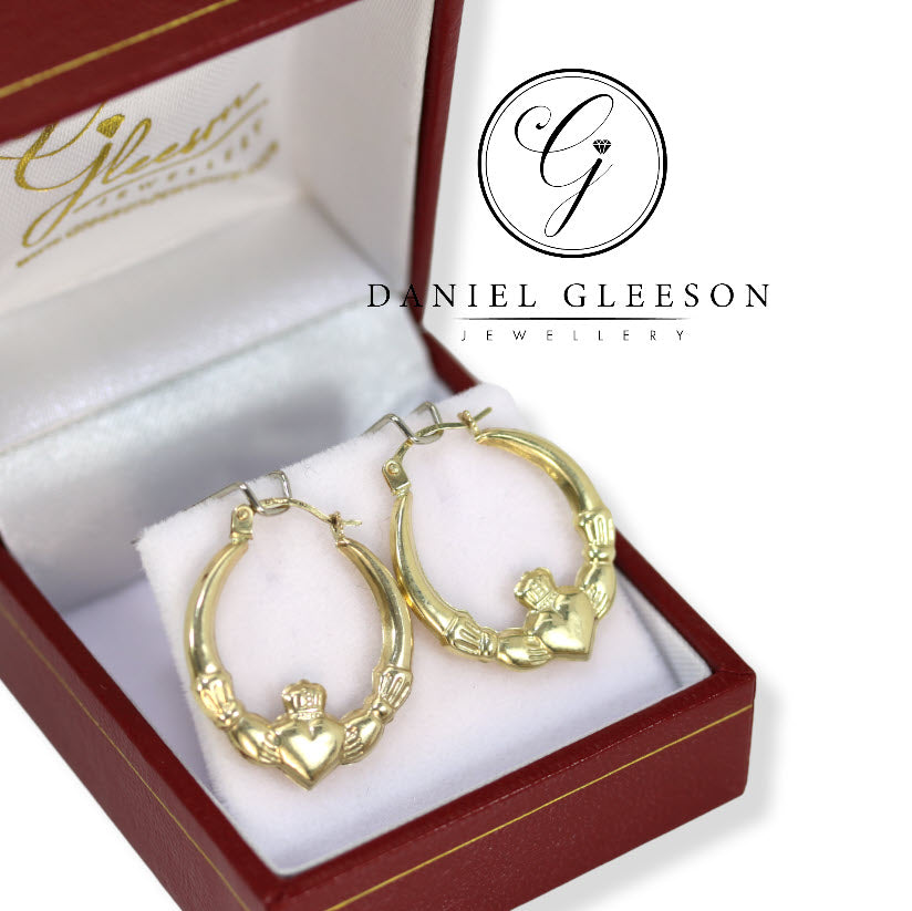 9ct Gold Claddagh Creole Hoop Earrings Gleeson Jewellers, Daniel Gleeson Jewellery, Daniel Gleesons Jewellers Cork