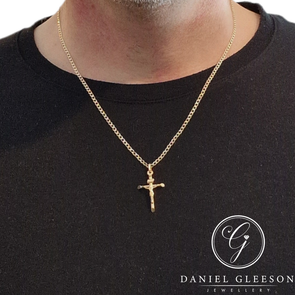 9ct Gold Delicate Tubular Crucifix Pendant and 20" Curb Chain Gleeson Jewellers, Daniel Gleeson Jewellery, Daniel Gleesons Jewellers Cork