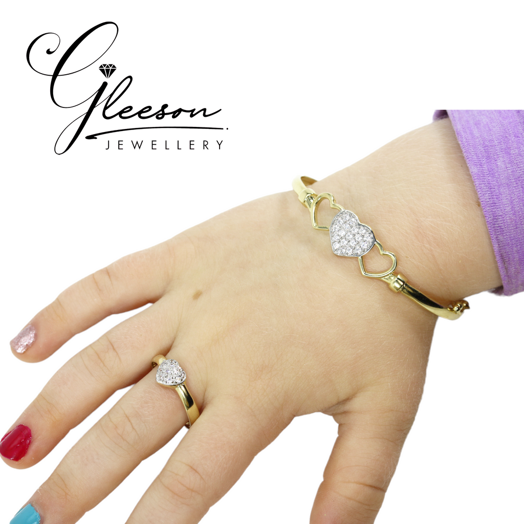 9ct Gold Cubic Zirconia Heart Baby/Girls Bangle Gleeson Jewellery, Daniel Gleeson Jewellers