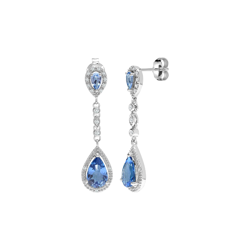 9ct White Gold Diamond and Blue Topaz Drop Earrings - 19pt Diamond gleeson jewellery