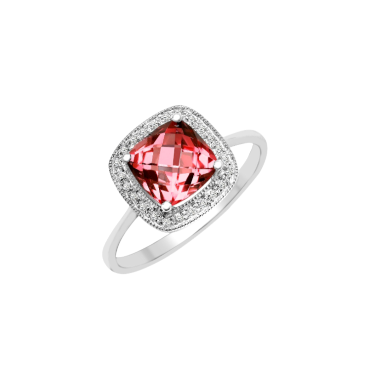 9ct White Gold Diamond and Garnet Cushion Ring gleeson jewellery