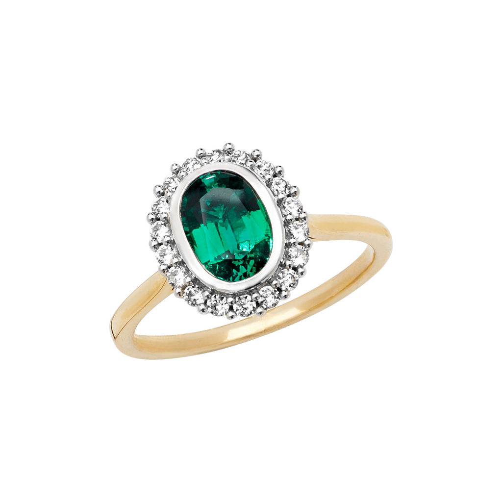 9ct Gold Cubic Zirconia & Emerald Oval Custer Dress Ring Daniel Gleeson Jewellers, Gleeson Jeweller, Gleeson jewellers, Daniel Gleeson Jewellery, Gleesons Jewellers, GleesonJewellery.com, jewellers Cork