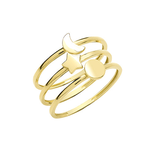 9ct Gold Sun, Moon and Star Stackable Ring Set gleeson jewellery