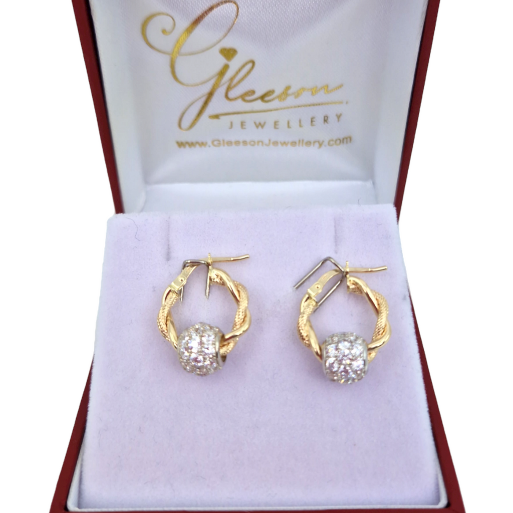 9ct Gold Diamond Cut Double Twist Hoop Earrings With Cubic Zirconia Ball Daniel Gleeson Jewellers, Gleeson Jewellers, Gleesons Jewellers
