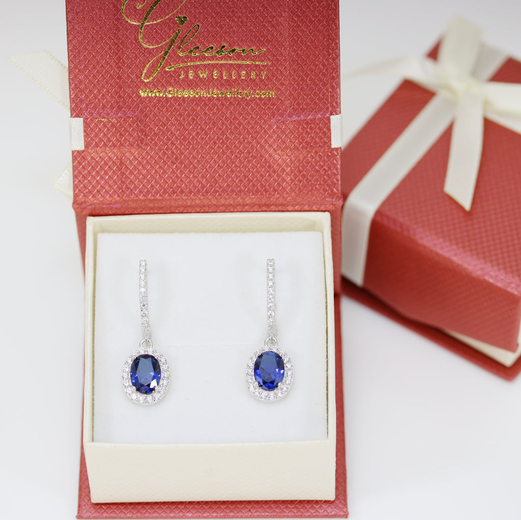 Sterling Silver Sapphire Cubic Zirconia Hinged Drop Earrings Gleeson Jewellery, Daniel Gleeson Jewellers Cork, Gleesons Jewellers