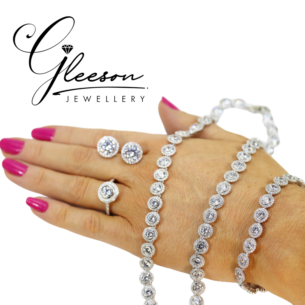 Sterling Silver Cubic Zirconia Halo Tennis Set - Chain, Bracelet, Earrings and Ring Set Daniel Gleeson Jewellers, Gleeson Jewellers, Gleesons Jewellers, Gleeson Jewellery