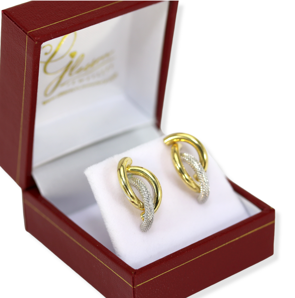 9ct Yellow and White Gold Diamond Cut Twist Stud Hoop Earrings Gleeson Jewellery, Daniel Gleeson Jewellers Cork, Gleesons Jewellers