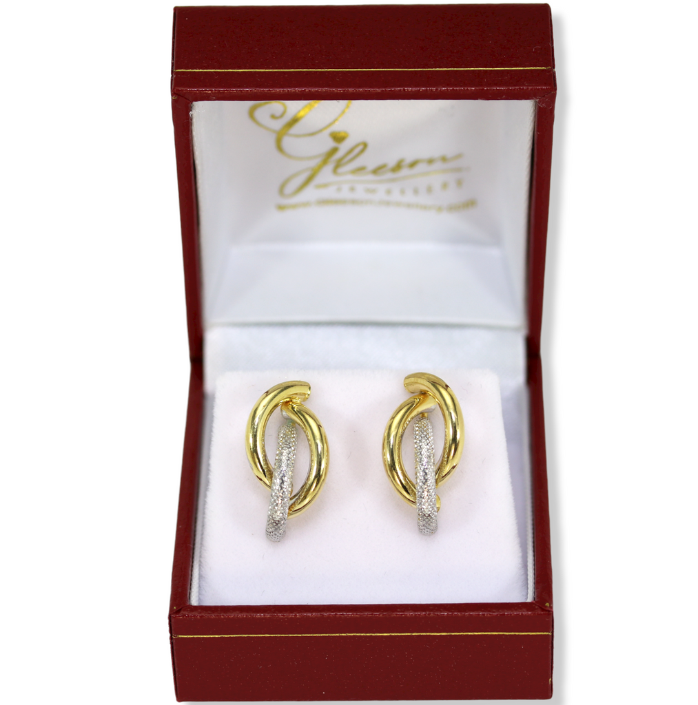 9ct Yellow and White Gold Diamond Cut Twist Stud Hoop Earrings Gleeson Jewellery, Daniel Gleeson Jewellers Cork, Gleesons Jewellers