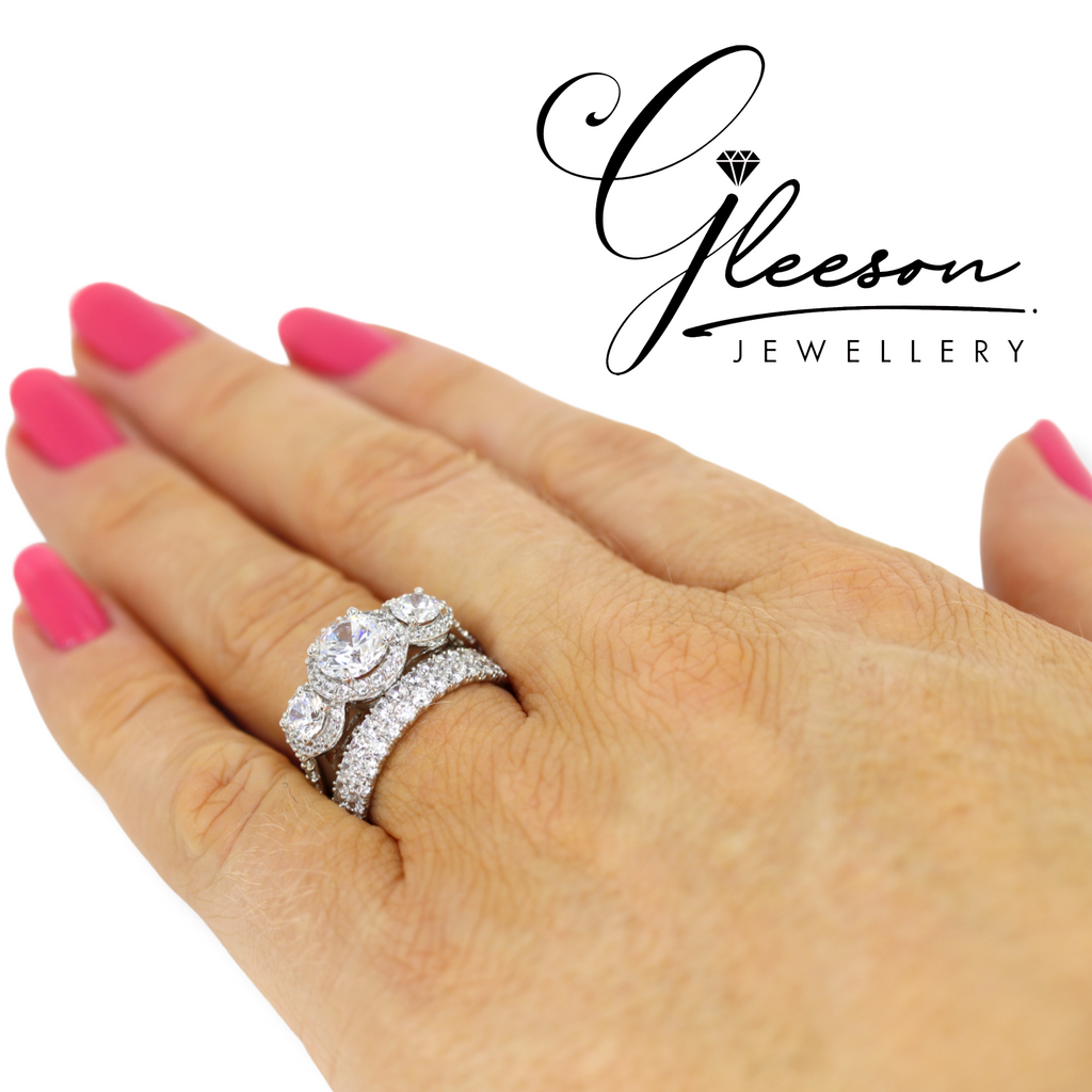 **Special Offer Was €879 Now €749 - 9ct White Gold Cubic Zirconia Trilogy Halo Ring Set Gleeson Jewellers, Daniel Gleeson Jewellery, Gleeson Jeweller, Gleesons Jewellers