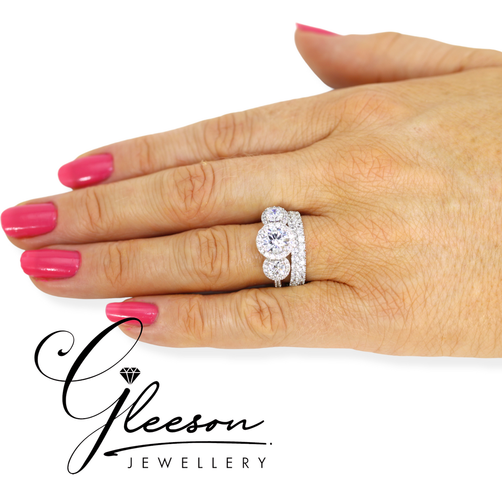 **Special Offer Was €879 Now €749 - 9ct White Gold Cubic Zirconia Trilogy Halo Ring Set Gleeson Jewellers, Daniel Gleeson Jewellery, Gleeson Jeweller, Gleesons Jewellers