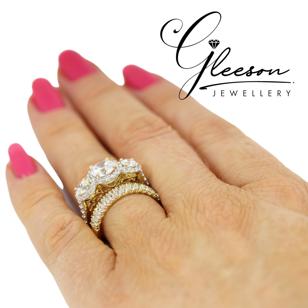 **Special Offer Was €879 Now €749 - 9ct Yellow Gold Cubic Zirconia Trilogy Halo Ring Set Gleeson Jewellers, Daniel Gleeson Jewellery, Gleeson Jeweller, Gleesons Jewellers