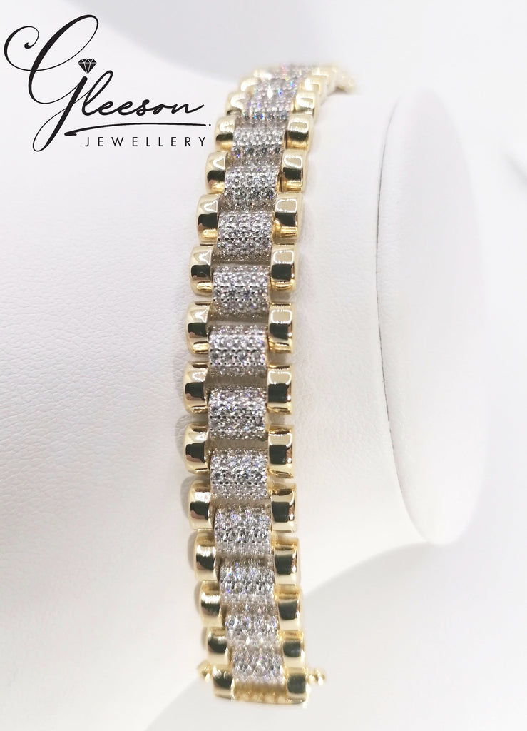 9ct Gold Cubic Zirconia Baby Presidential Style Bracelet - 6" Wide Version Bracelet (11mm) Gleeson Jewellery, Daniel Gleeson Jewellers