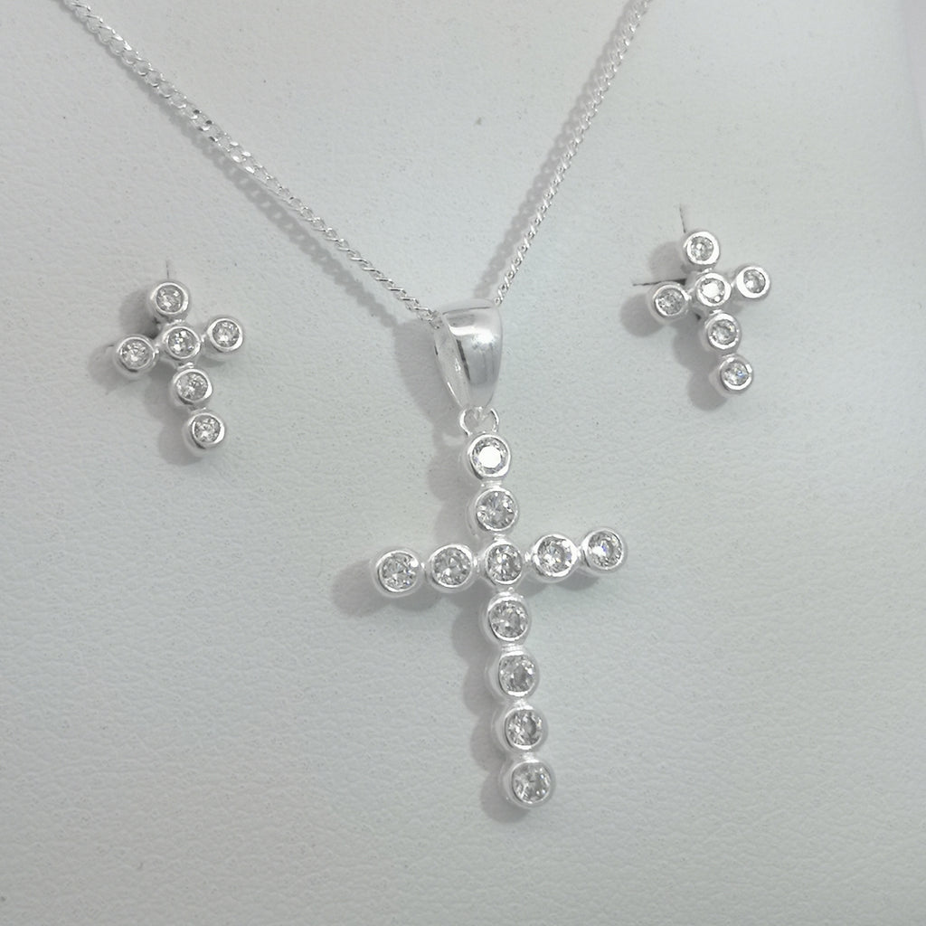 Sterling Silver CZ Cross, Chain and Earrings Set Gleeson Jewellers, Daniel Gleeson Jewellerr, Daniel Gleesons Jewellery