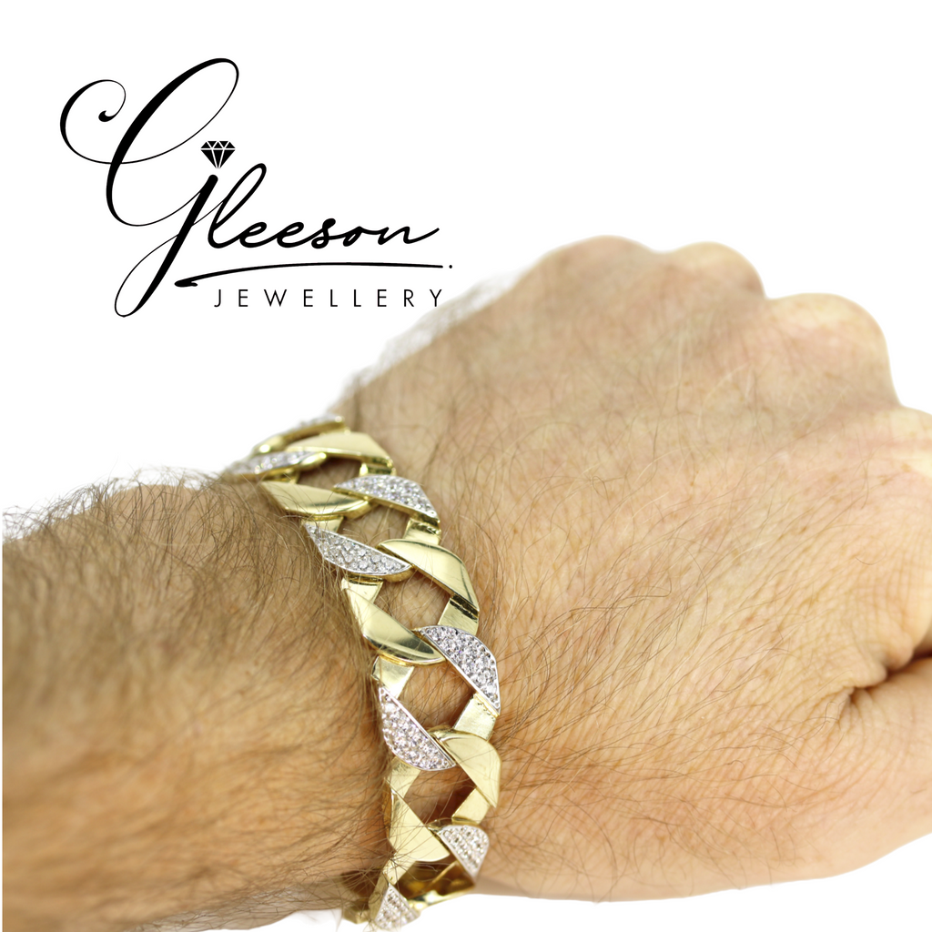 9ct Gold Mens Cubic Zirconia Curb Chaps Bracelet Daniel Gleeson Jewellers, Stephen Gleeson Jewellers