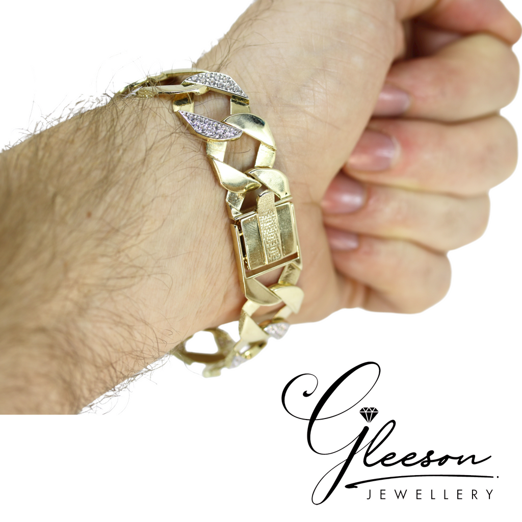 9ct Gold Mens Cubic Zirconia Curb Chaps Bracelet Daniel Gleeson Jewellers, Gleeson Jeweller, Daniel Gleeson Jewellery, Gleesons Jewellers