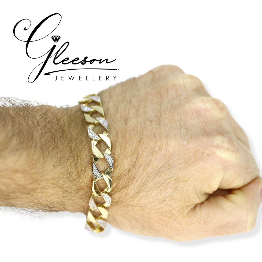 9ct Gold Mens Cubic Zirconia Curb Chaps Bracelet Daniel Gleeson Jewellers, Gleeson Jeweller, Daniel Gleeson Jewellery, Gleesons Jewellers