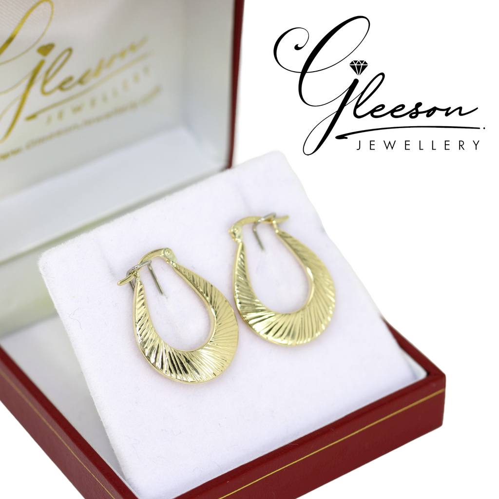 9ct Gold Hoop Earrings with Engraved Lines Detail Daniel Gleeson Jewellers, Gleeson Jewellers, Gleesons Jewellers