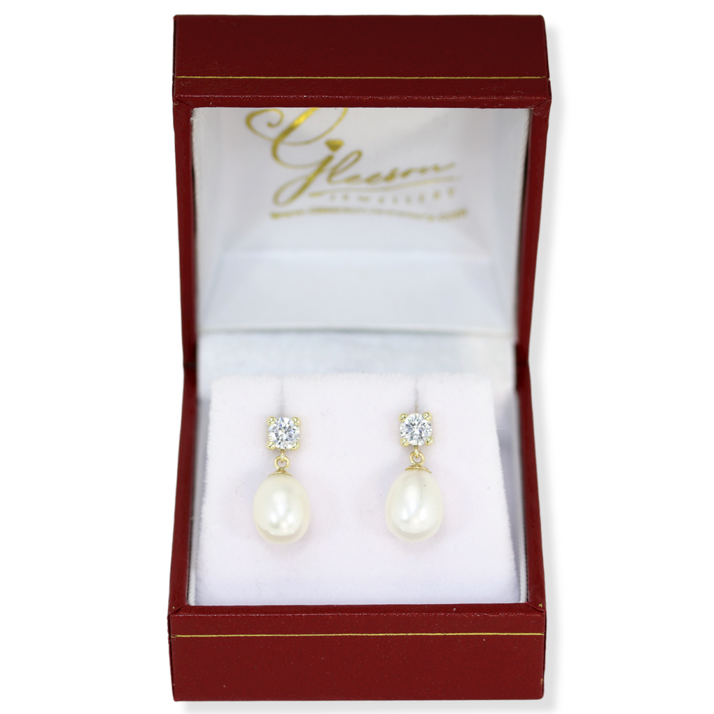 9ct Gold Cubic Zirconia and Pearl Drop Earrings Gleeson Jewellers, Daniel Gleeson Jewellery, Gleeson Jeweller, Gleesons Jewellers