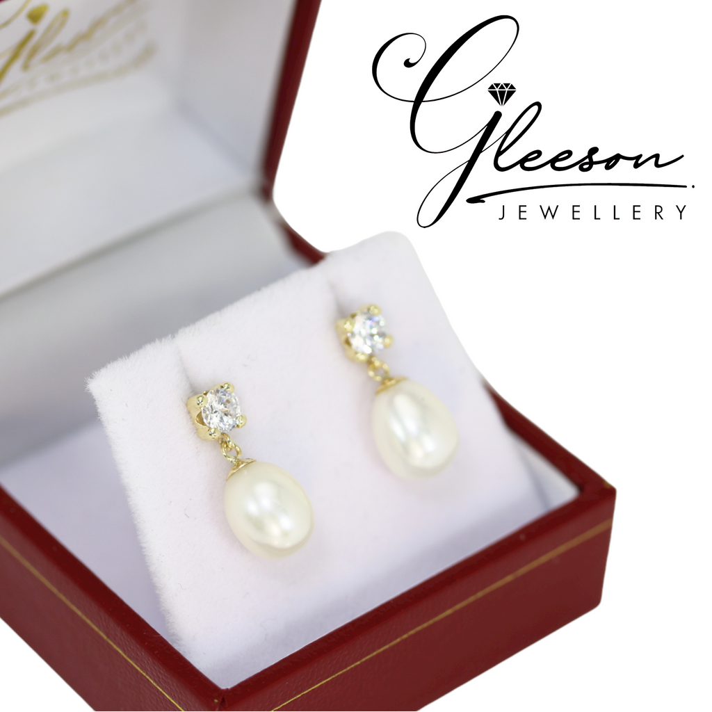 9ct Gold Cubic Zirconia and Pearl Drop Earrings Gleeson Jewellers, Daniel Gleeson Jewellery, Gleeson Jeweller, Gleesons Jewellers