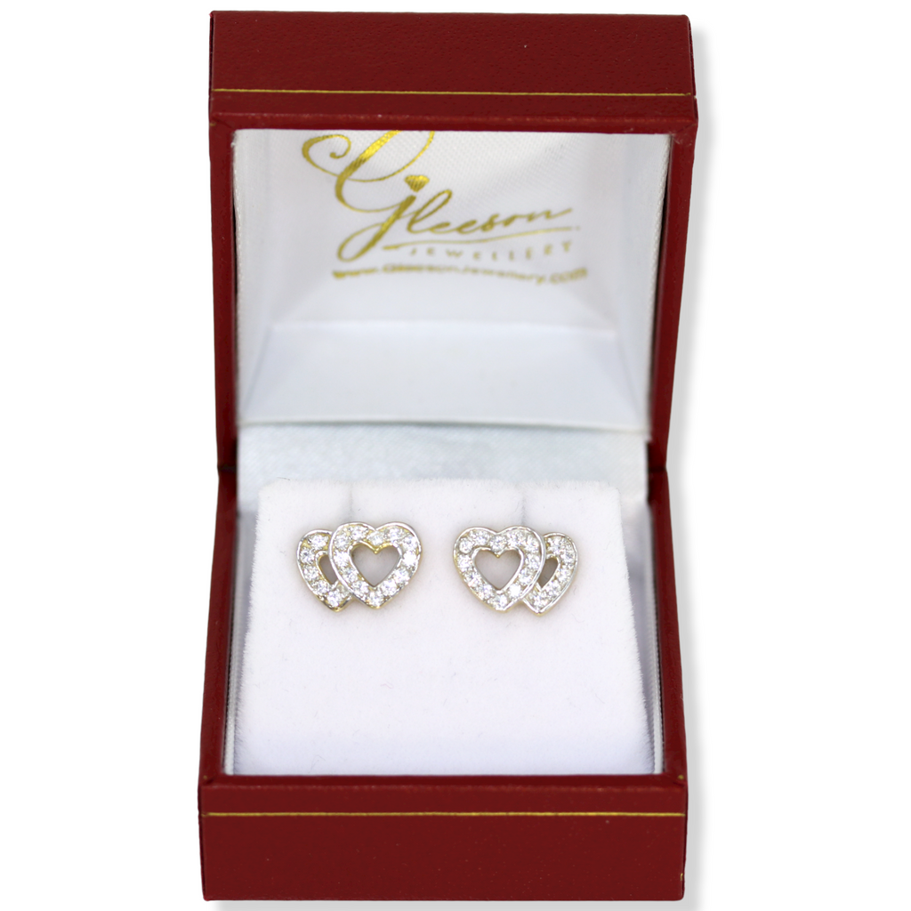 9ct Gold Cubic Zirconia Sturdy Double Heart Earrings Daniel Gleeson Jewellers, Gleeson Jewellers, Gleesons Jewellers