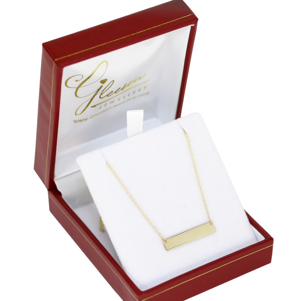 9ct Gold Ladies Engravable Bar Pendant and Chain Daniel Gleeson Jewellers, Gleeson Jewellers, Gleesons Jewellers