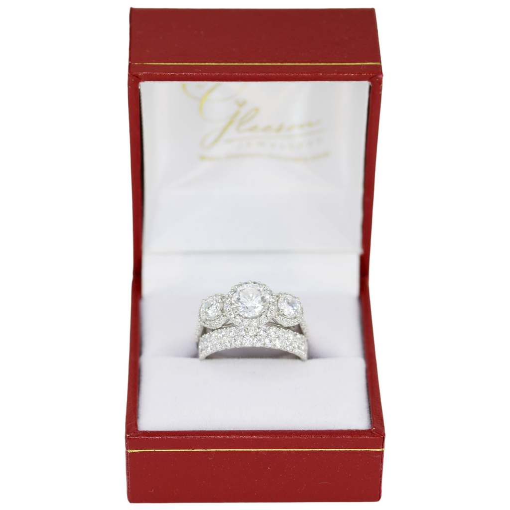 **Special Offer Was €879 Now €749 - 9ct White Gold Cubic Zirconia Trilogy Halo Ring Set Gleeson Jewellers, Daniel Gleeson Jewellery, Gleeson Jeweller, Gleesons Jewellers