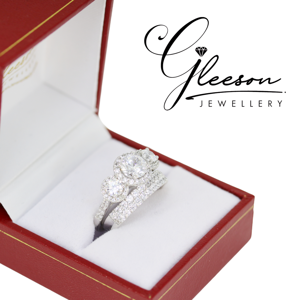 **Special Offer Was €879 Now €749 - 9ct White Gold Cubic Zirconia Trilogy Halo Ring Set Gleeson Jewellers, Daniel Gleeson Jewellery, Gleeson Jeweller, Gleesons Jewellers