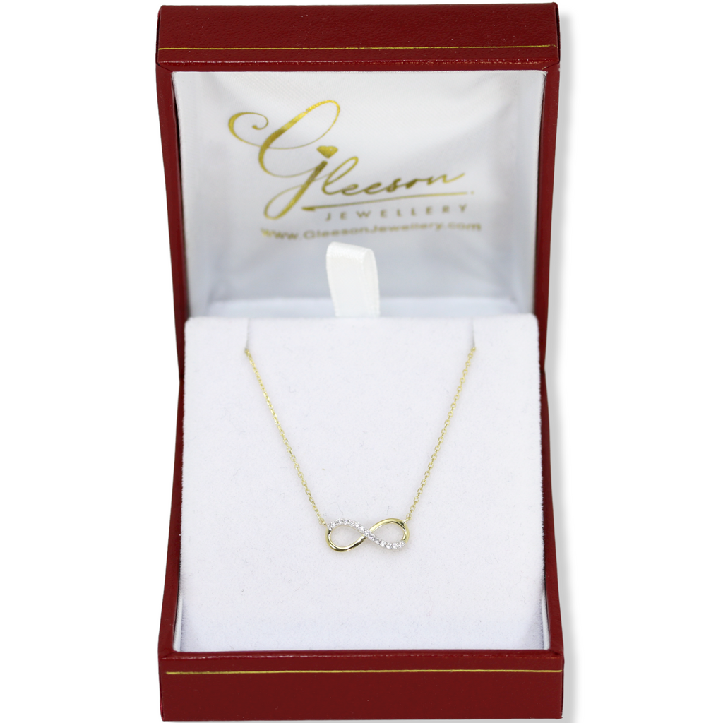 9ct Gold Cubic Zirconia Infinity Pendant and Chain Gleeson Jewellers, Daniel Gleeson Jewellery, Gleeson Jeweller, Gleesons Jewellers