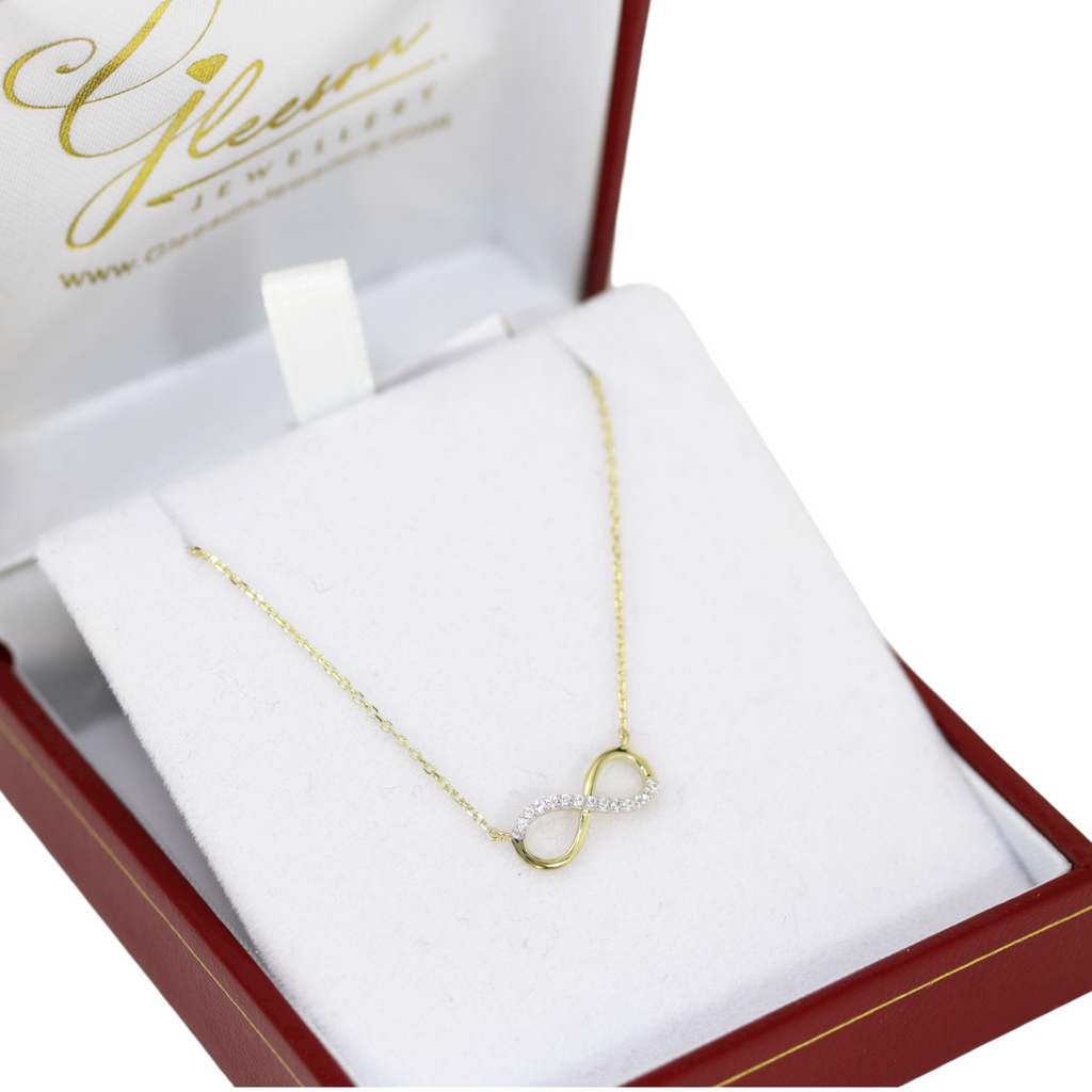 9ct Gold Cubic Zirconia Infinity Pendant and Chain Gleeson Jewellers, Daniel Gleeson Jewellery, Gleeson Jeweller, Gleesons Jewellers