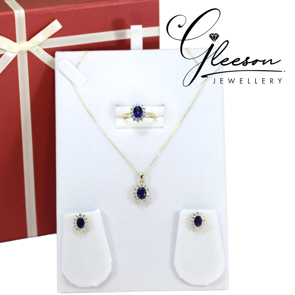 9ct Gold Sapphire & Cubic Zirconia Set - Earrings, Pendant & Chain and Ring Gleeson Jewellery, Daniel Gleeson Jewellers Cork, Gleesons Jewellers