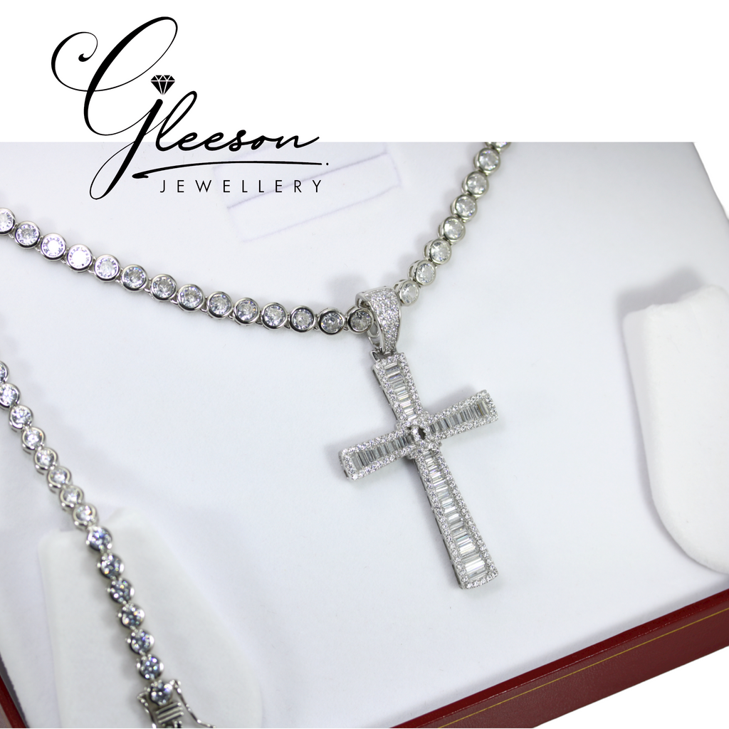 Sterling Silver Cubic Zirconia Tennis Cross & Chain and Bracelet Set - Larger CZ bracelet and chain Daniel Gleeson Jewellers, Gleeson Jewellers, Gleesons Jewellers, Gleeson Jewellery