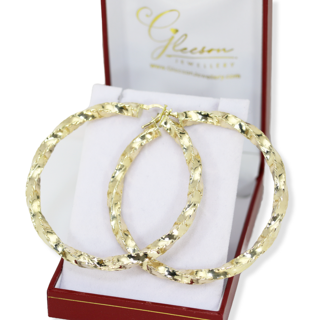 9ct Gold Large Diamond Cut Twist Hoop Earrings Daniel Gleeson Jewellers, Gleeson Jewellers, Gleesons Jewellers