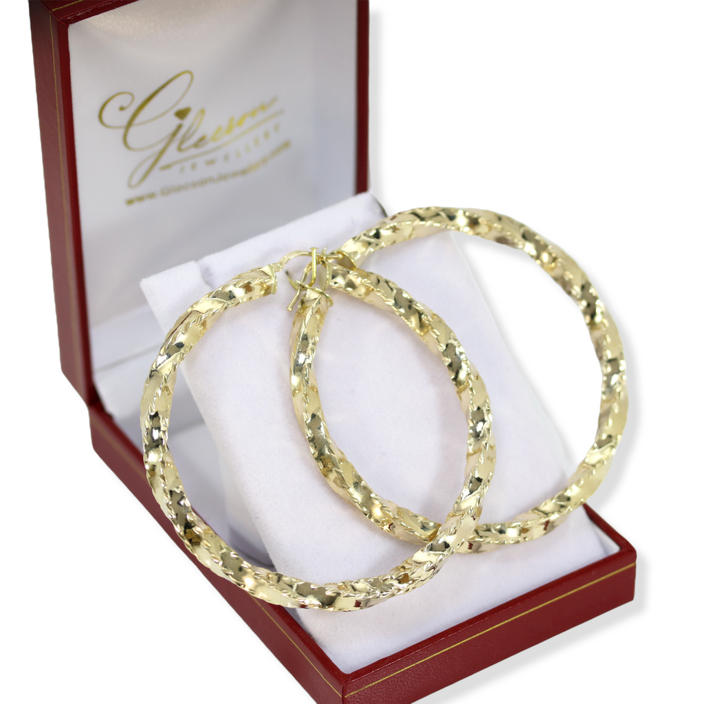 9ct Gold Large Diamond Cut Twist Hoop Earrings Daniel Gleeson Jewellers, Gleeson Jewellers, Gleesons Jewellers