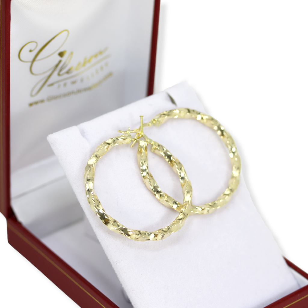 9ct Gold Diamond Cut Twist Hoop Earrings - 41mm Daniel Gleeson Jewellers, Gleeson Jewellers, Gleesons Jewellers