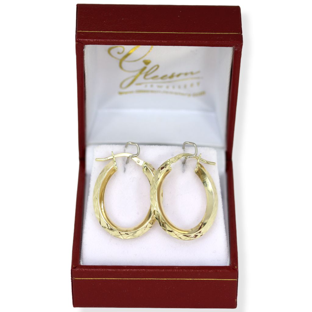 9ct Gold Diamond Cut Oval Hoop Earrings Daniel Gleeson Jewellers, Gleeson Jewellers, Gleesons Jewellers