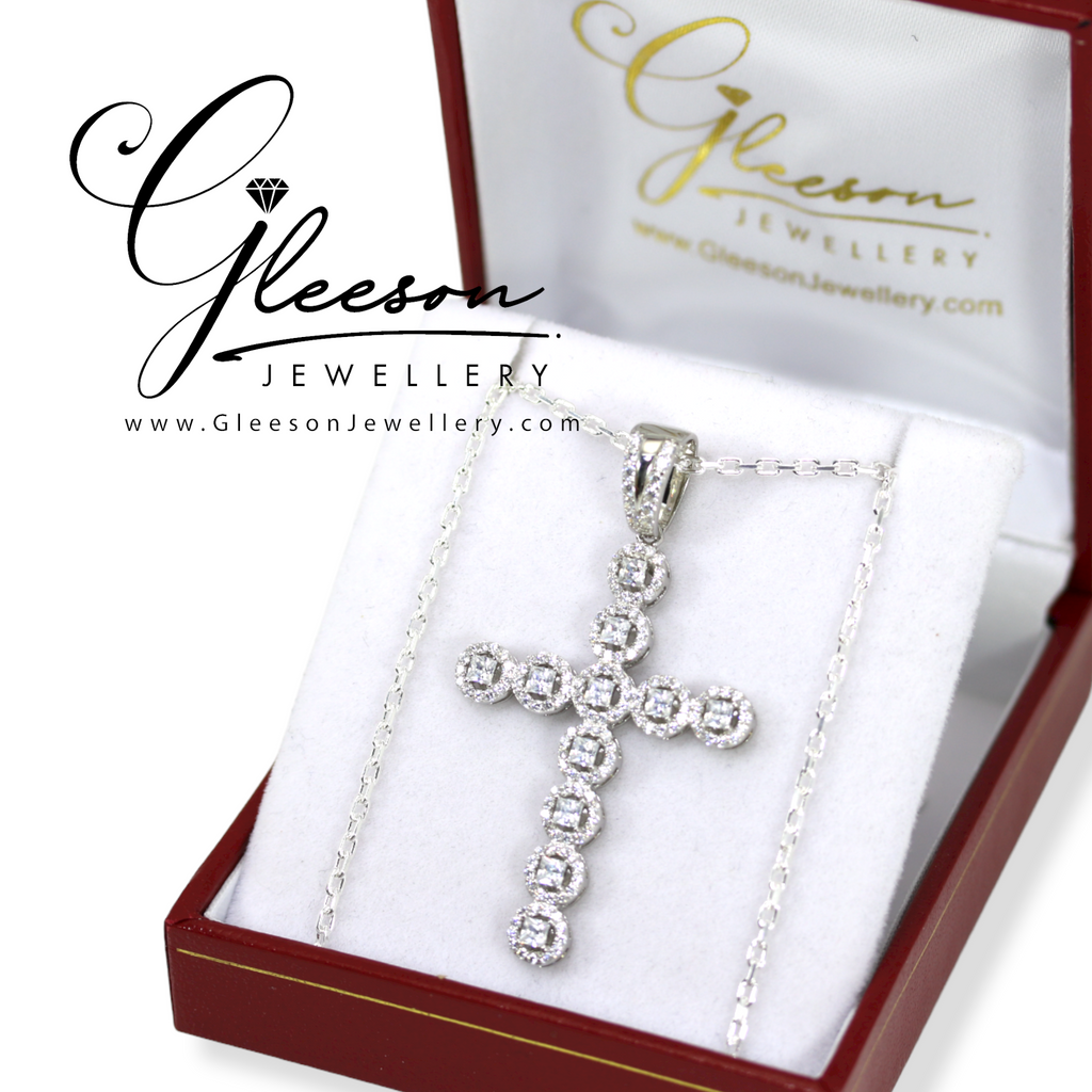 Sterling Silver Cubic Zirconia Halo Baguette Cross and Chain Gleeson Jewellers, Daniel Gleeson Jewellerr, Daniel Gleesons Jewellery