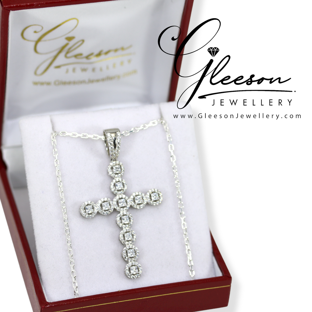 Sterling Silver Cubic Zirconia Halo Baguette Cross and Chain Gleeson Jewellers, Daniel Gleeson Jewellerr, Daniel Gleesons Jewellery